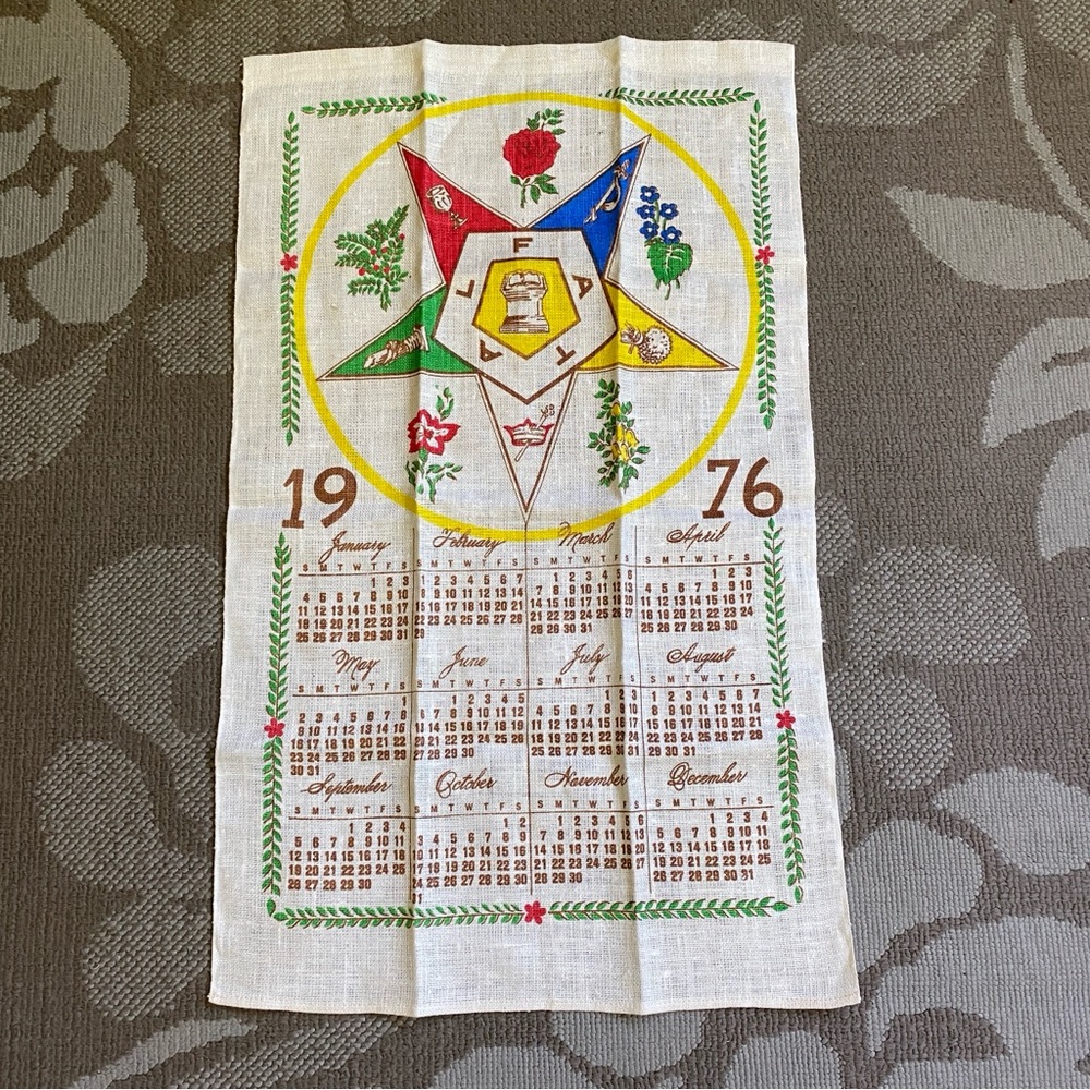 Vintage Linen Calendar Tea Towel 1976 Order Of The Eastern Star Emblem Masonic